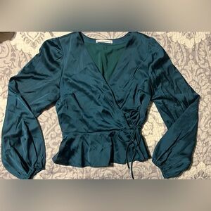 Abercrombie and Fitch Teal Satin Faux Wrap Peplum Top